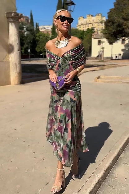Robe maxi à col V décolleté, imprimé feuillage multicolore, jupe fluide