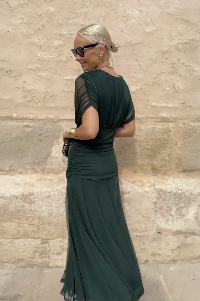 Robe maxi vert bouteille à col V, manches tulle transparent, coupe droite et fluide