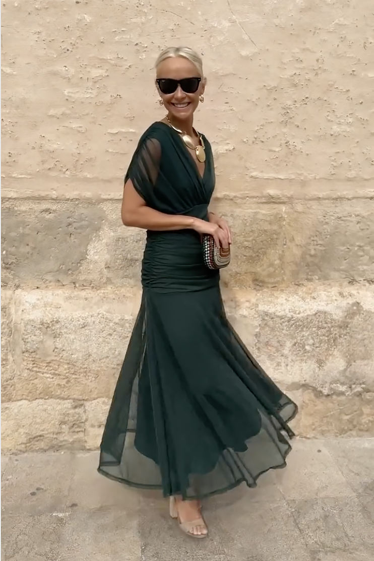 Robe maxi vert bouteille col V, drapée, jupe longue en tulle vaporeux