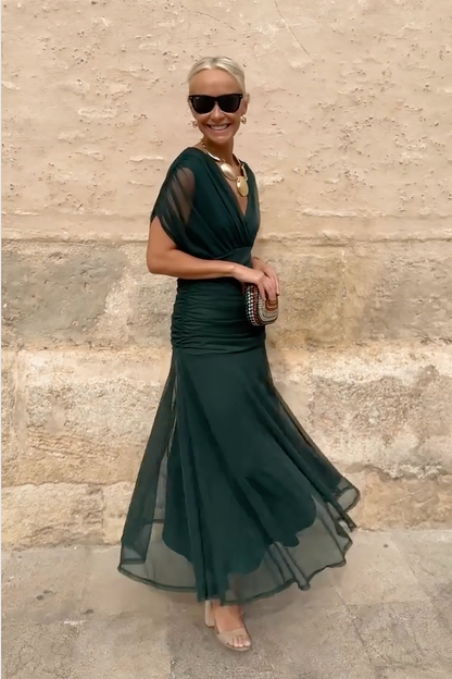 Robe maxi vert bouteille col V, drapée, jupe longue en tulle vaporeux