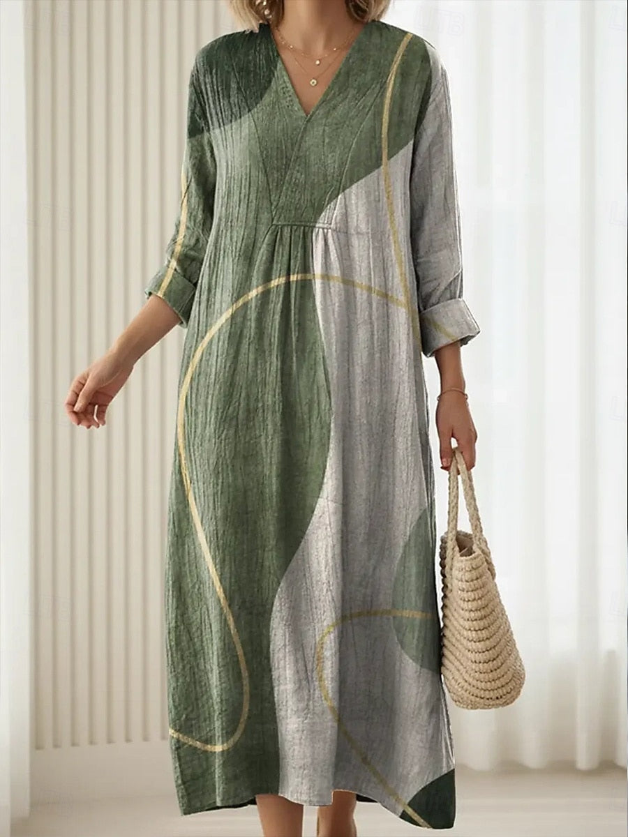 Robe Lara™ vert, empiècements gris à motifs arrondis, manches 3/4, col V.