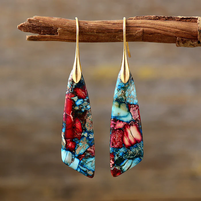 Boucles d’oreilles à crochets dorés, gouttes de pierres multicolores