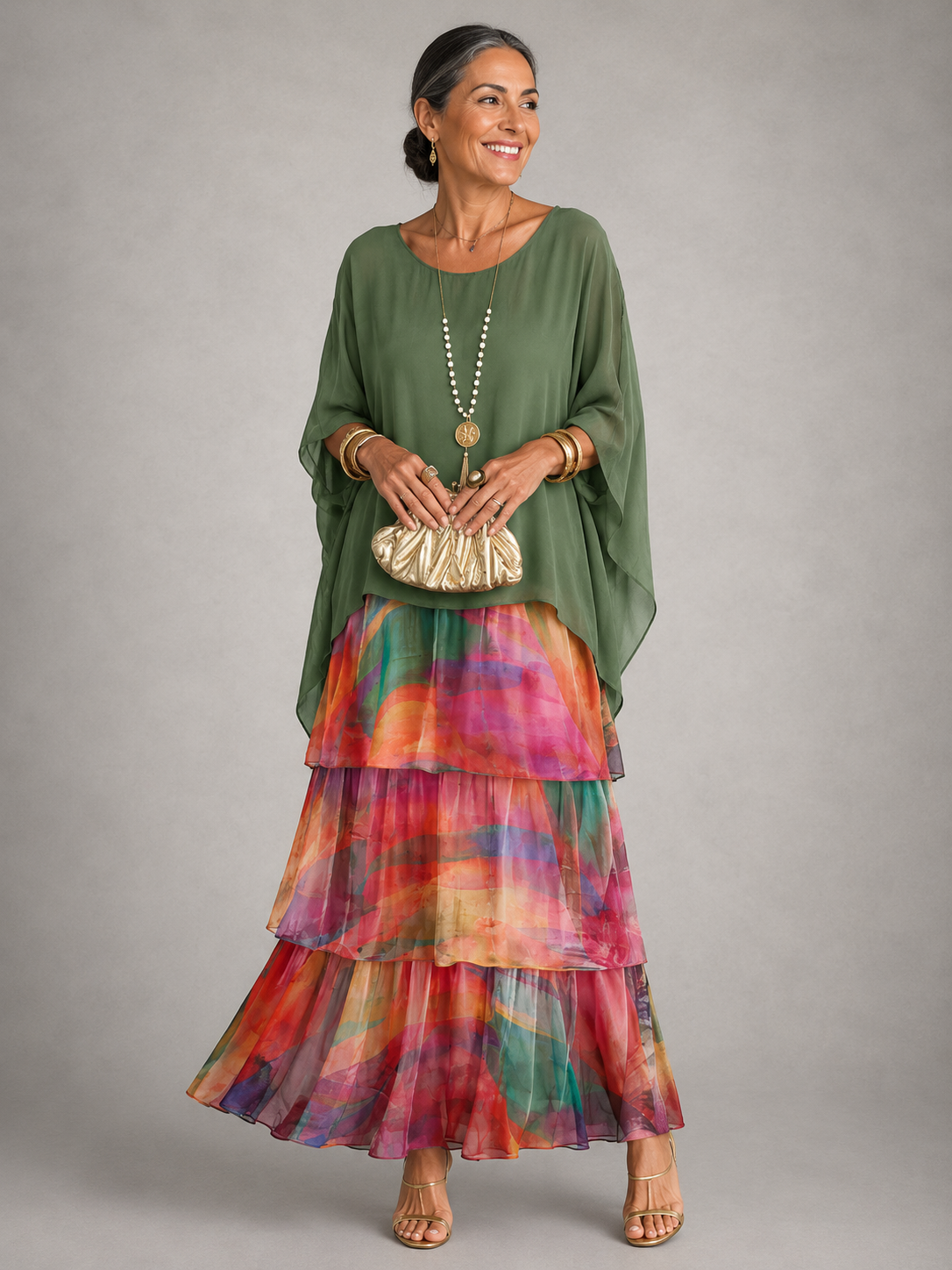 Robe longue fluide verte avec superposition de volants colorés, manches chauve-souris.
