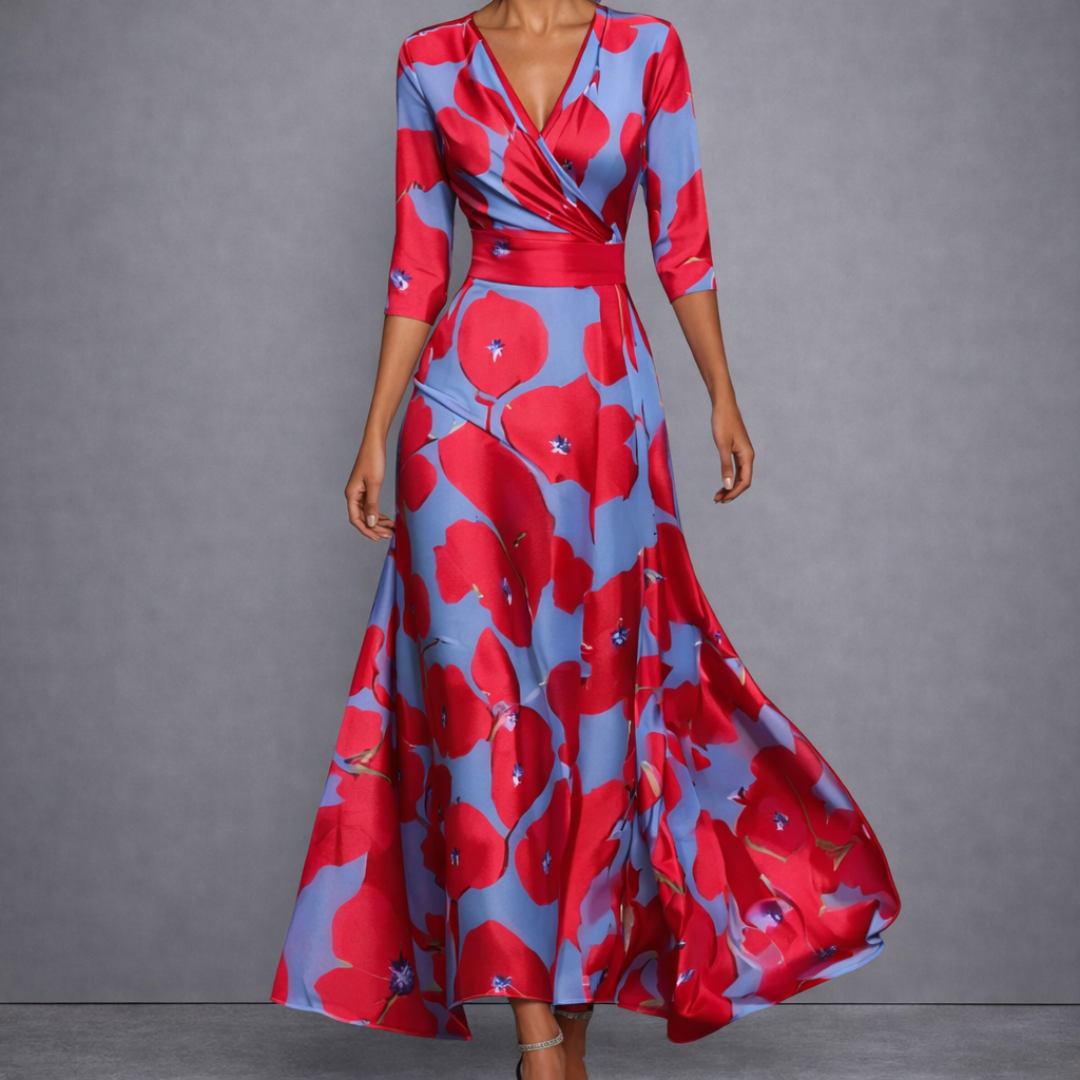 Robe longue rouge à imprimé bleu, encolure V croisée et ceinture à nouer.