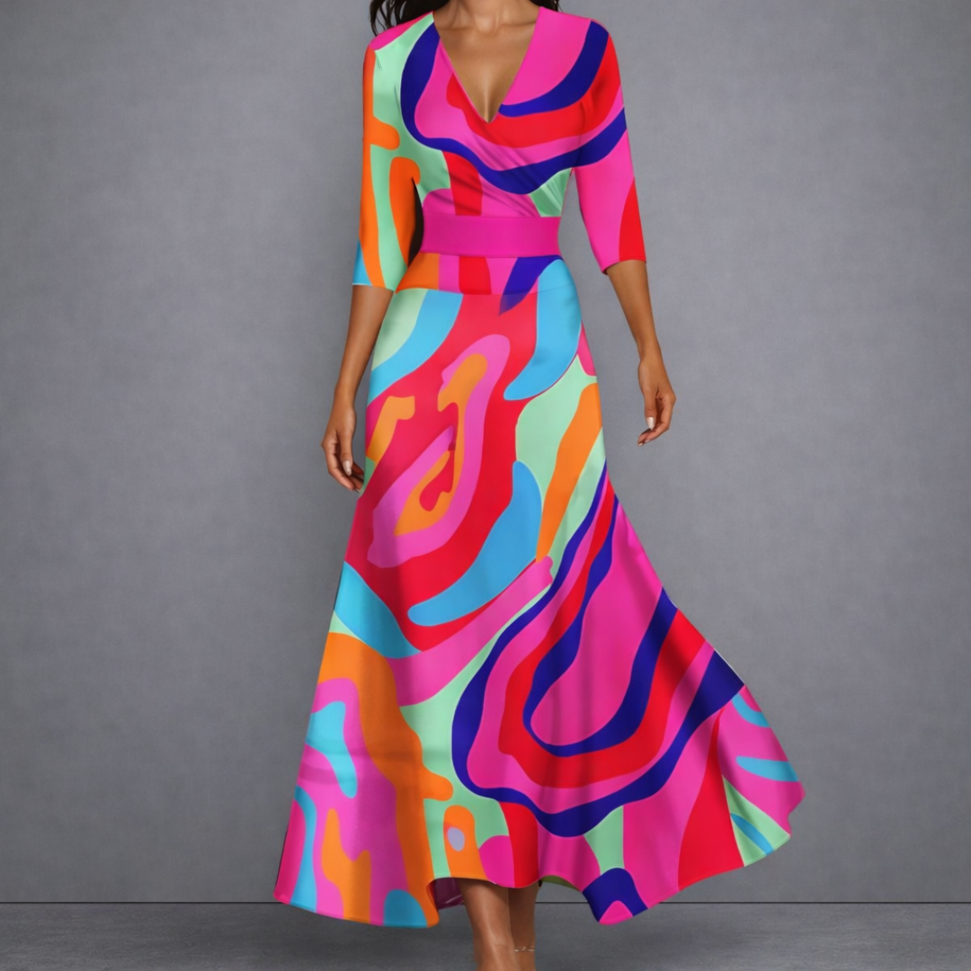 Robe longue à imprimé multicolore abstrait, encolure V, manches trois-quarts.