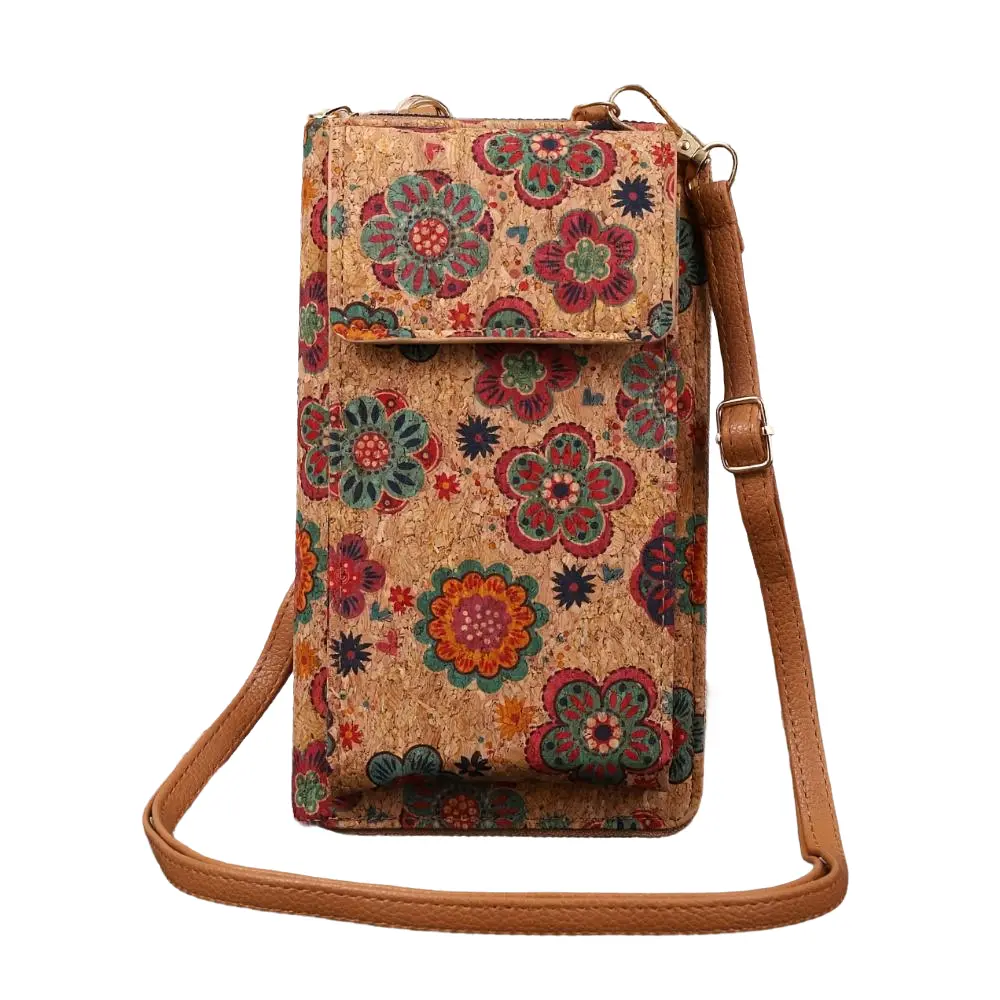 Sac bandoulière en tissu beige à motifs floraux, rabat avec fermeture