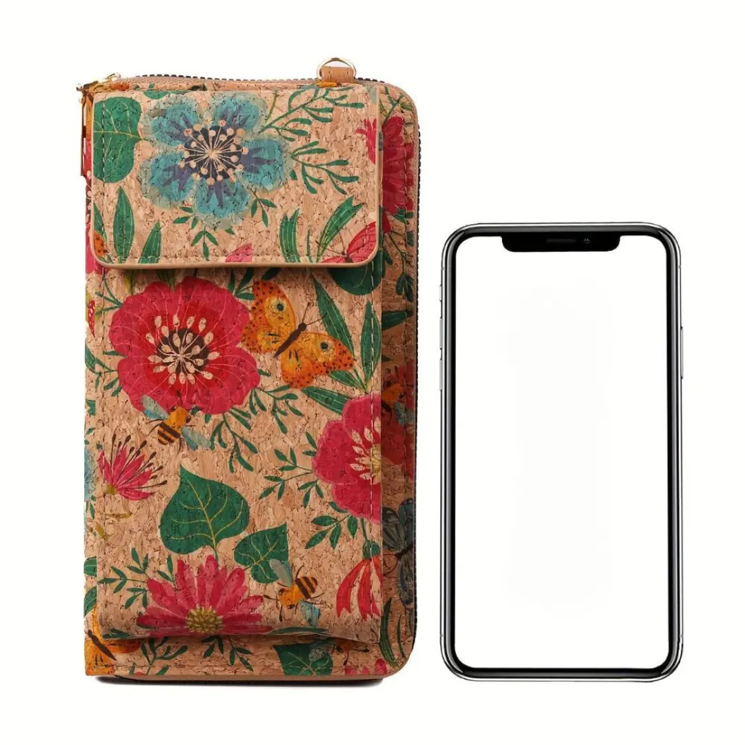 Sac bandoulière en tissu beige à fleurs rouges et feuillages, fermeture zippée