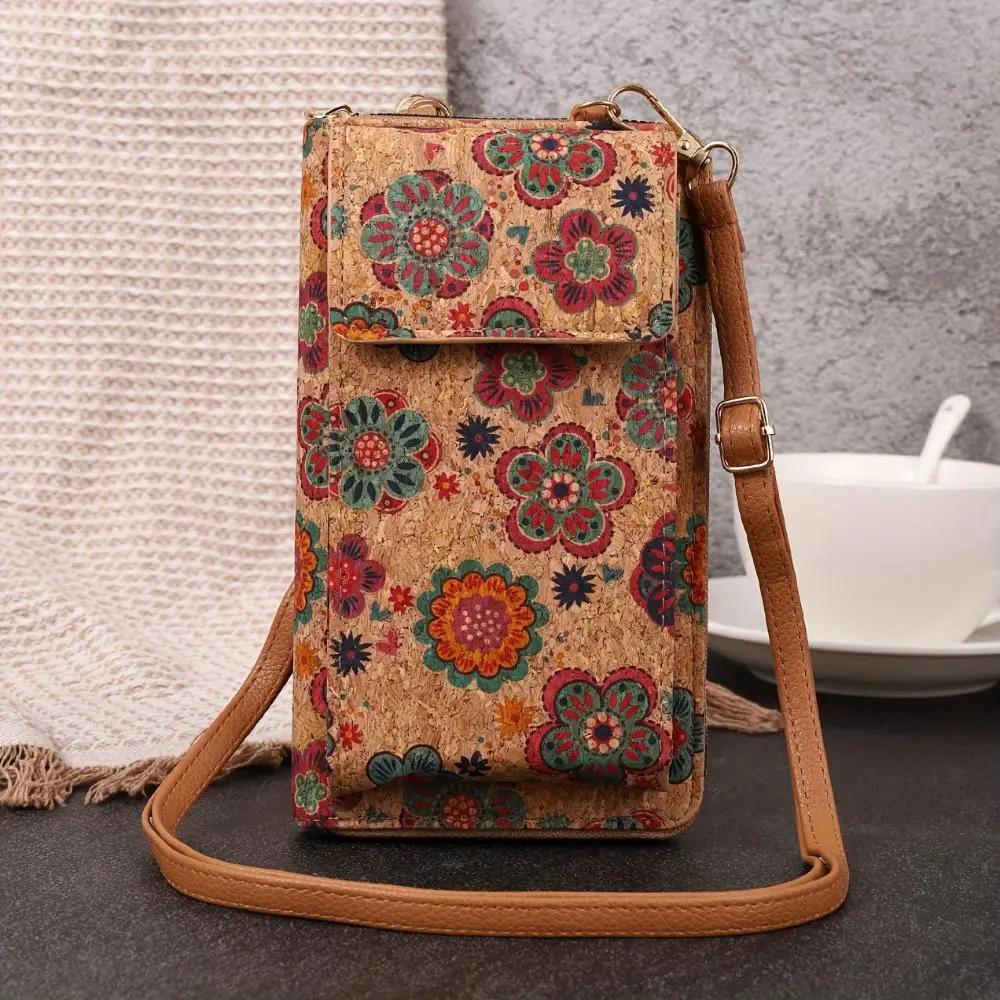 Sac bandoulière en tissu beige à motifs floraux rouges et verts, bandoulière cuir