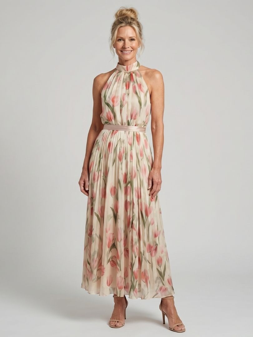 Robe midi fleurie à col montant, sans manches, silhouette évasée, ceinture à la taille