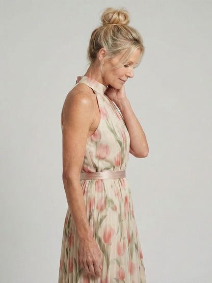 Robe midi fleurie sans manches, col montant, ceinture à la taille, jupe évasée