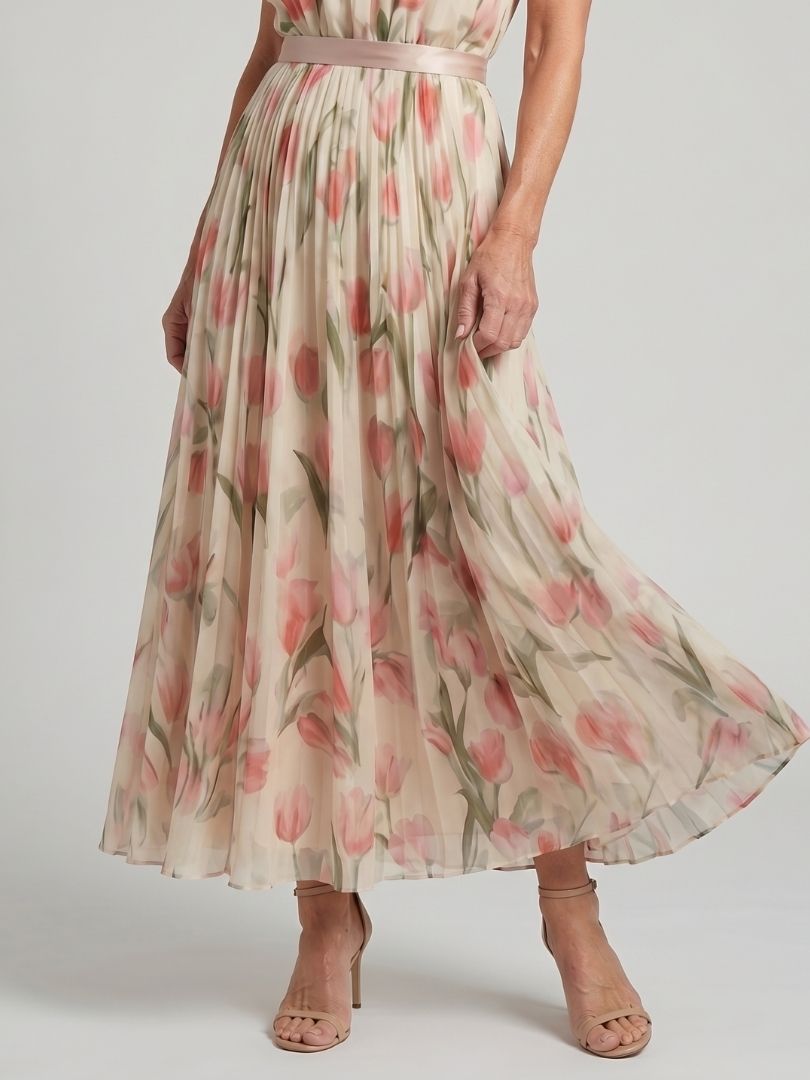Robe midi fleurie col montant, ceinture marquée, jupe vaporeuse et ample