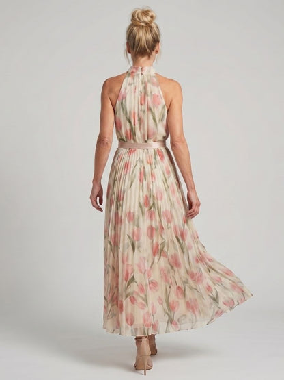Robe midi fleurie à col montant, dos avec encolure haute, ceinture et jupe fluide