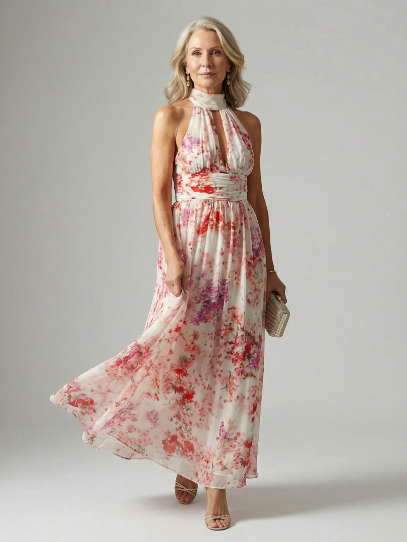 Robe longue sans manches imprimé floral rose et violet, encolure haute