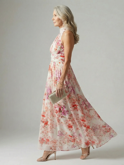 Robe longue sans manches imprimé floral rose et rouge, encolure haute fluide