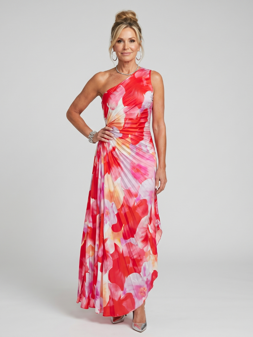 Robe midi plissée asymétrique à une épaule, imprimé floral rouge et rose