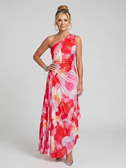 Robe midi plissée asymétrique à une épaule, imprimé floral rouge et rose
