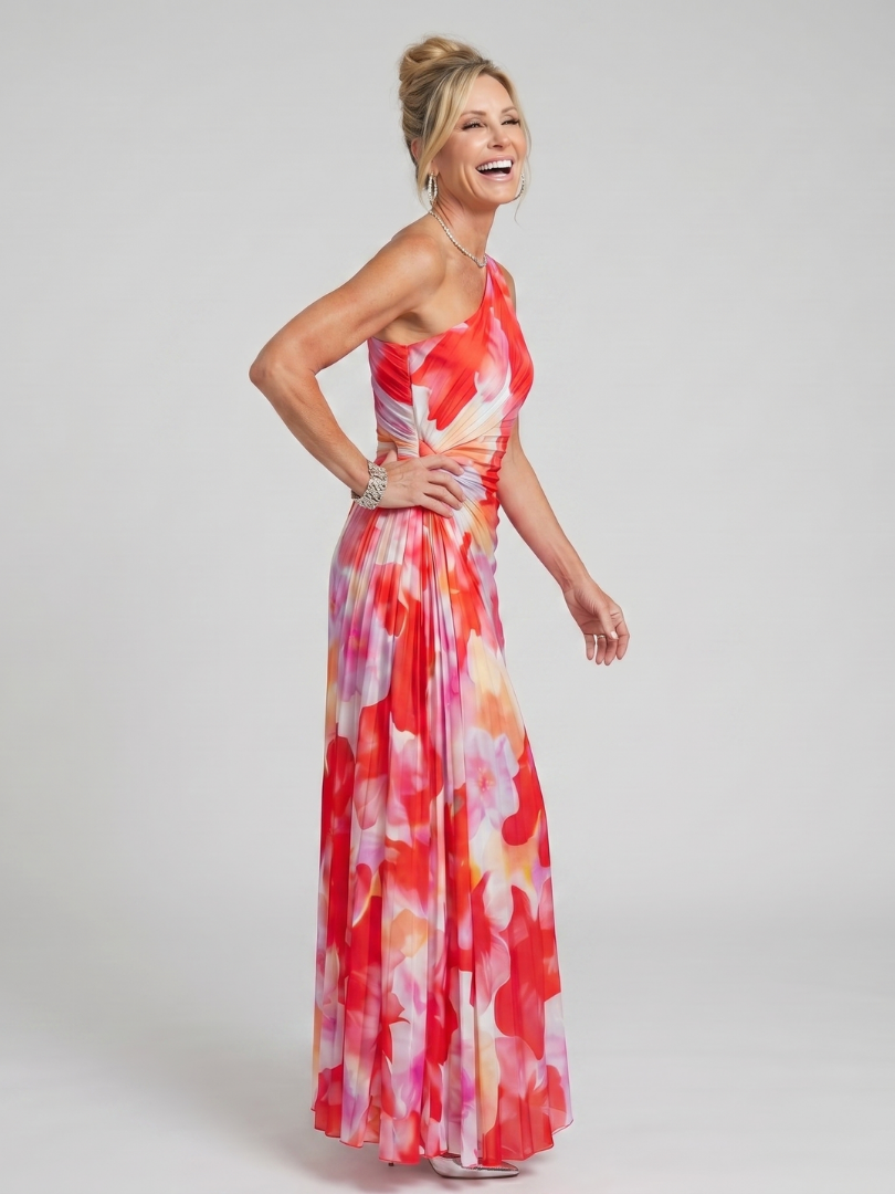 Robe midi plissée asymétrique à une épaule, imprimé floral rouge et rose