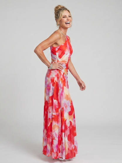 Robe midi plissée asymétrique à une épaule, imprimé floral rouge et rose
