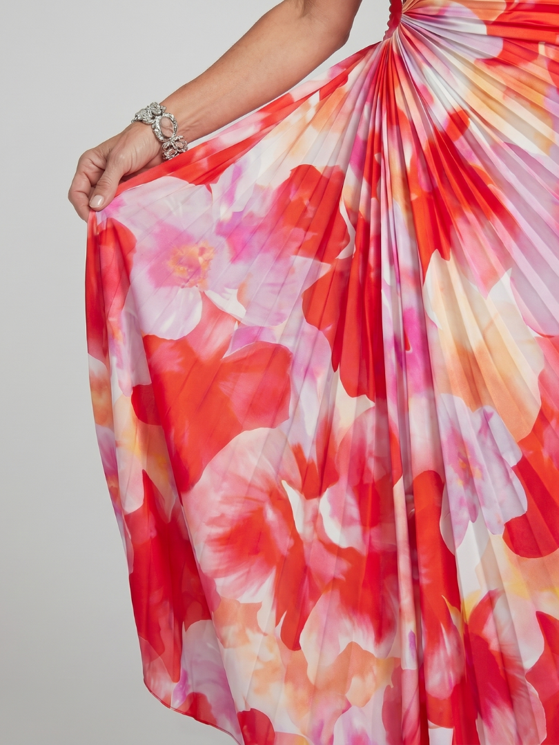Robe midi asymétrique à une épaule, imprimé floral rouge, plissés en volume