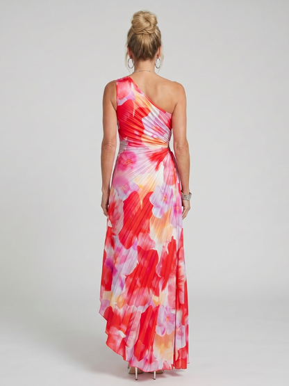 Robe midi plissée asymétrique à une épaule, vue dos imprimé floral rouge