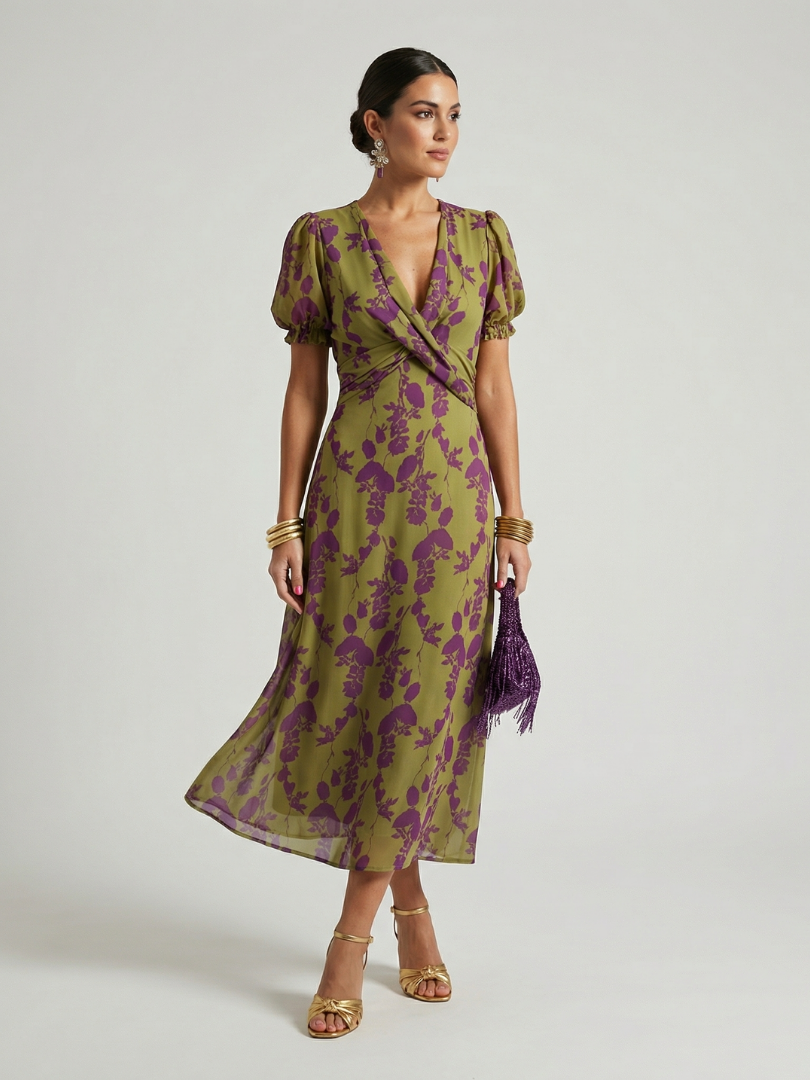 Robe midi florale vert olive et violet, coupe mi-longue, cache-cœur et manches bouffantes