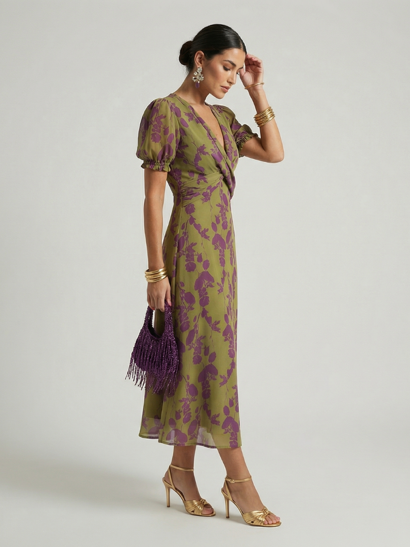 Robe midi florale cache-cœur vert olive et motifs violets, manches bouffantes, taille nouée