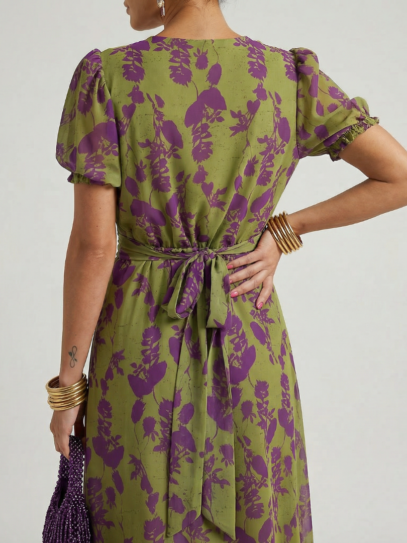 Robe midi dos noué à la taille, manches bouffantes, imprimé floral vert olive et violet
