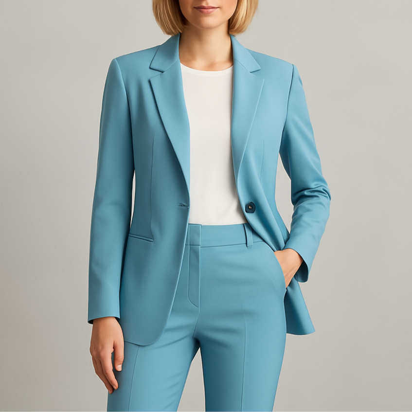 Ensemble blazer et pantalon turquoise, col à revers, boutonnage simple, coupe tailleur