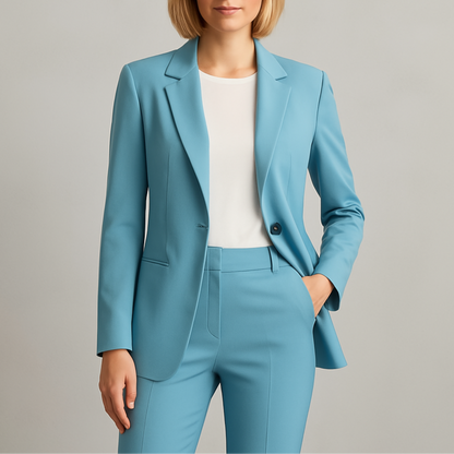 Ensemble blazer et pantalon turquoise, col à revers, boutonnage simple, coupe tailleur