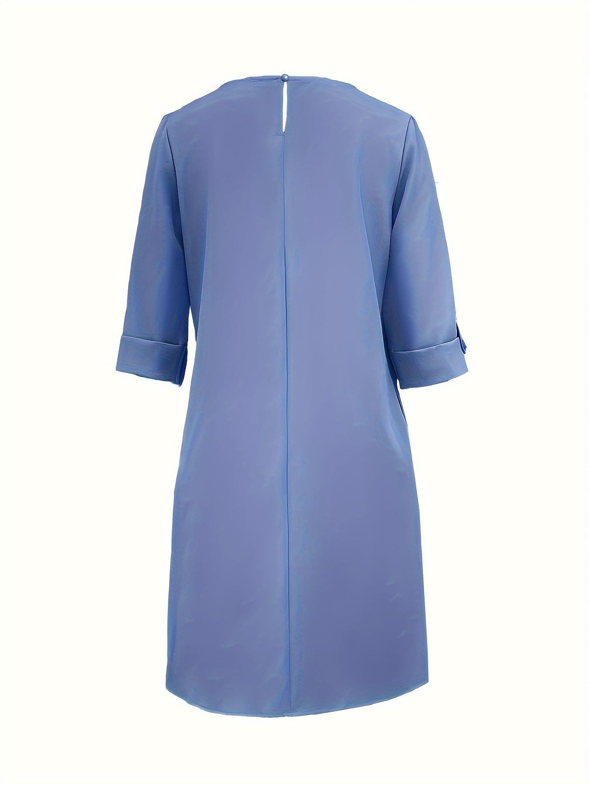 Robe bleu ciel manches trois-quarts, vue dos avec couture verticale et base droite