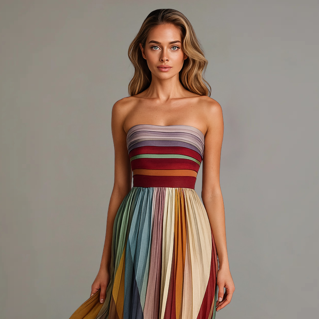 Robe longue décontractée rayée multicolore à bandeau et taille smockée