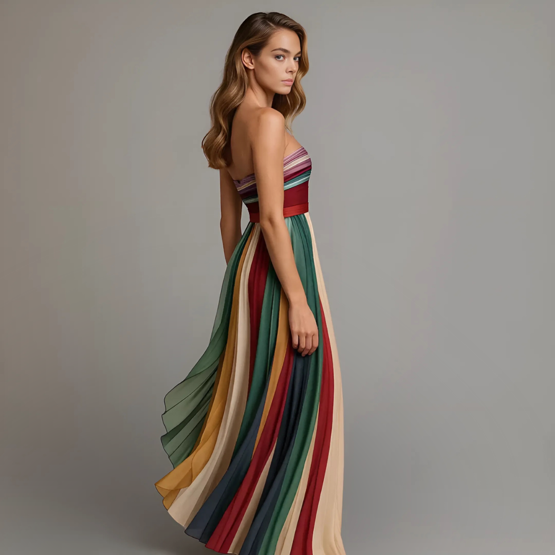 Robe longue rayée multicolore, bustier bandeau, jupe ample et fluide
