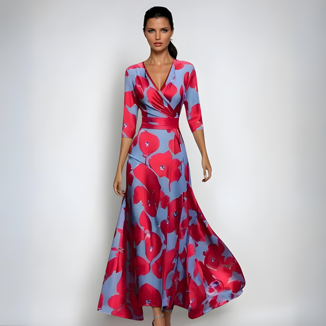 Robe longue cache-cœur à motif floral rouge et bleu, manches trois-quarts
