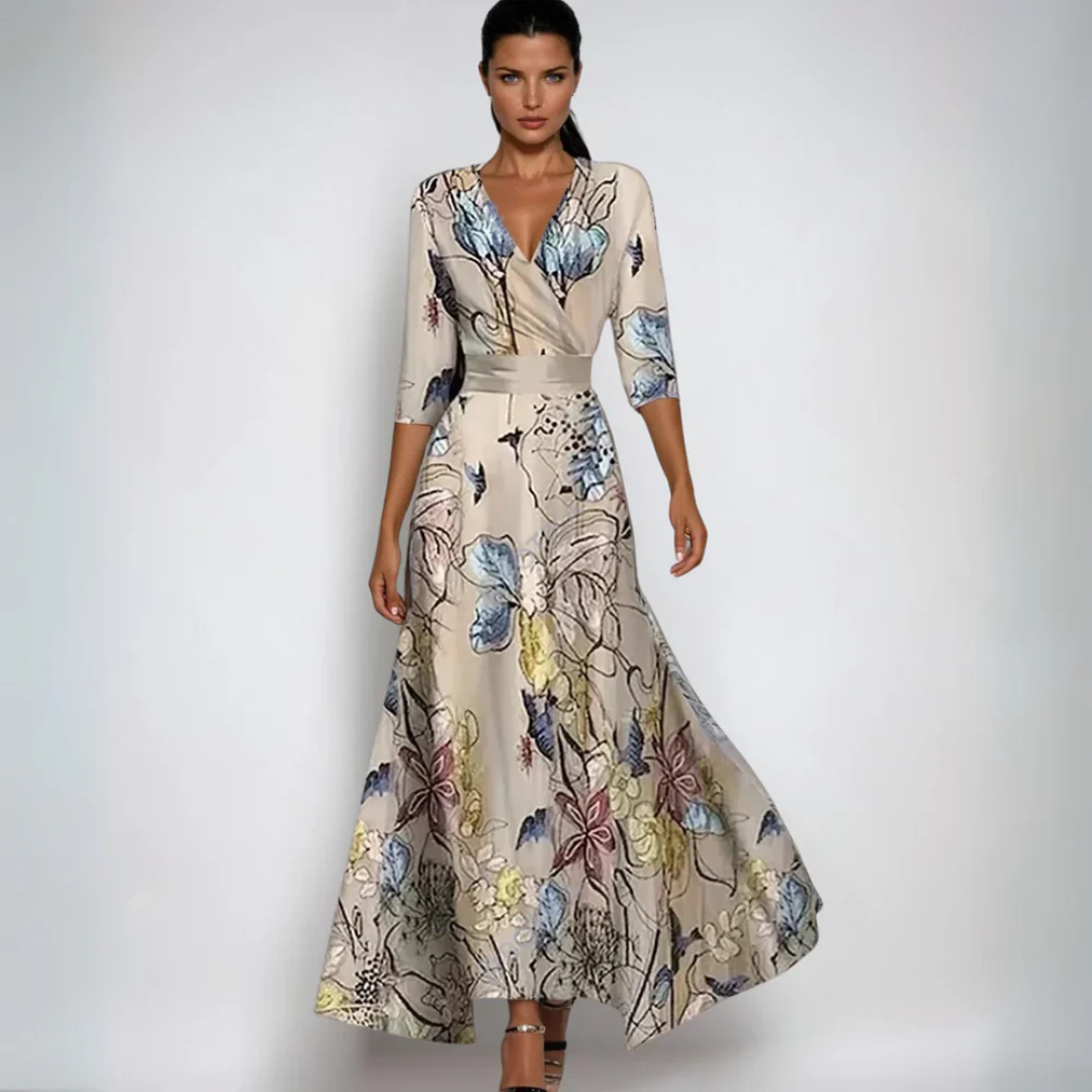 Robe longue beige imprimé végétal, col cache-cœur, manches trois-quarts