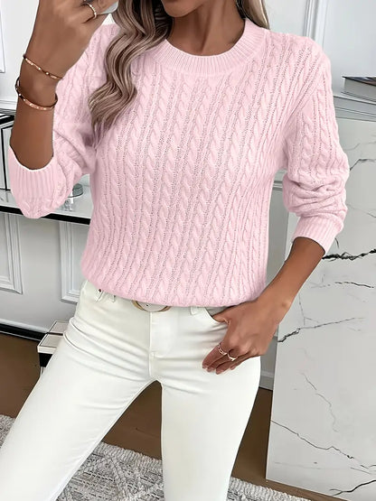 Pull en maille torsadée rose clair à col rond et manches longues
