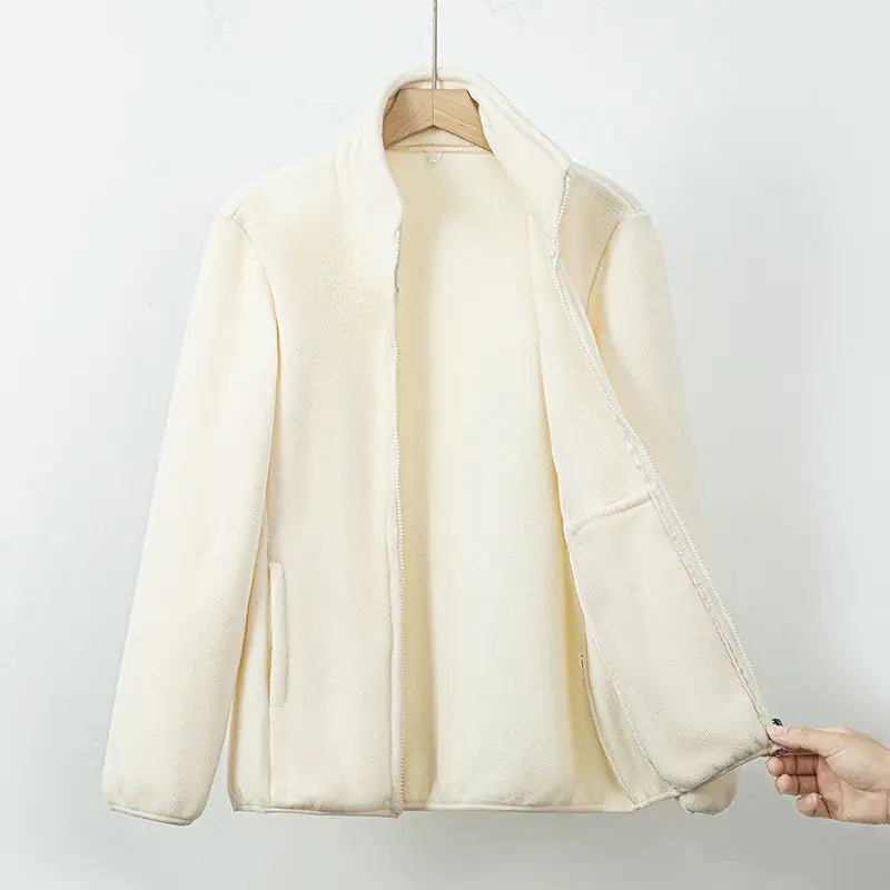 Veste polaire blanche cassée à fermeture éclair, col montant, poches latérales