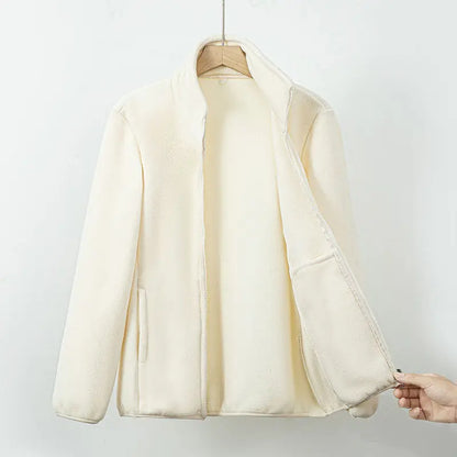 Veste polaire blanche cassée à fermeture éclair, col montant, poches latérales
