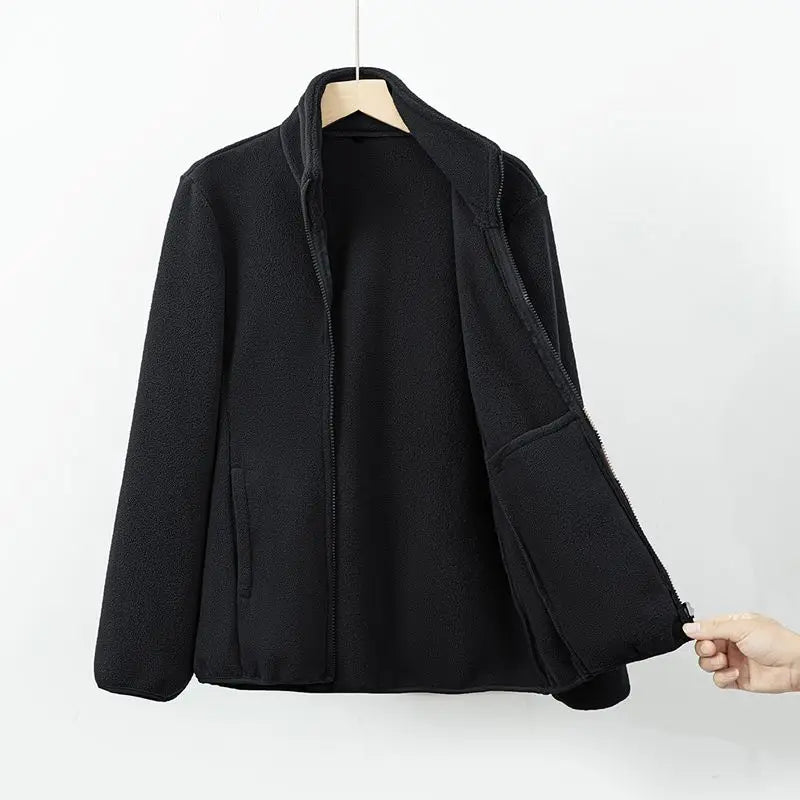 Veste polaire noire à fermeture éclair, col montant, manches longues, poches latérales