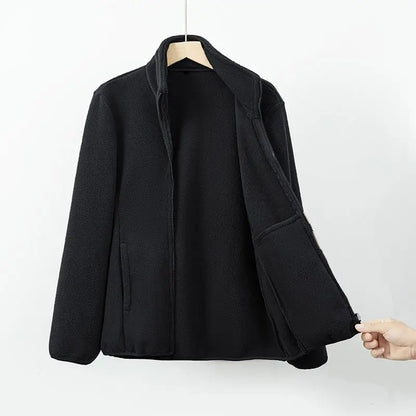Veste polaire noire à fermeture éclair, col montant, manches longues, poches latérales