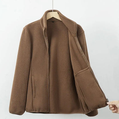 Veste polaire marron foncé zippée, col montant, poches latérales