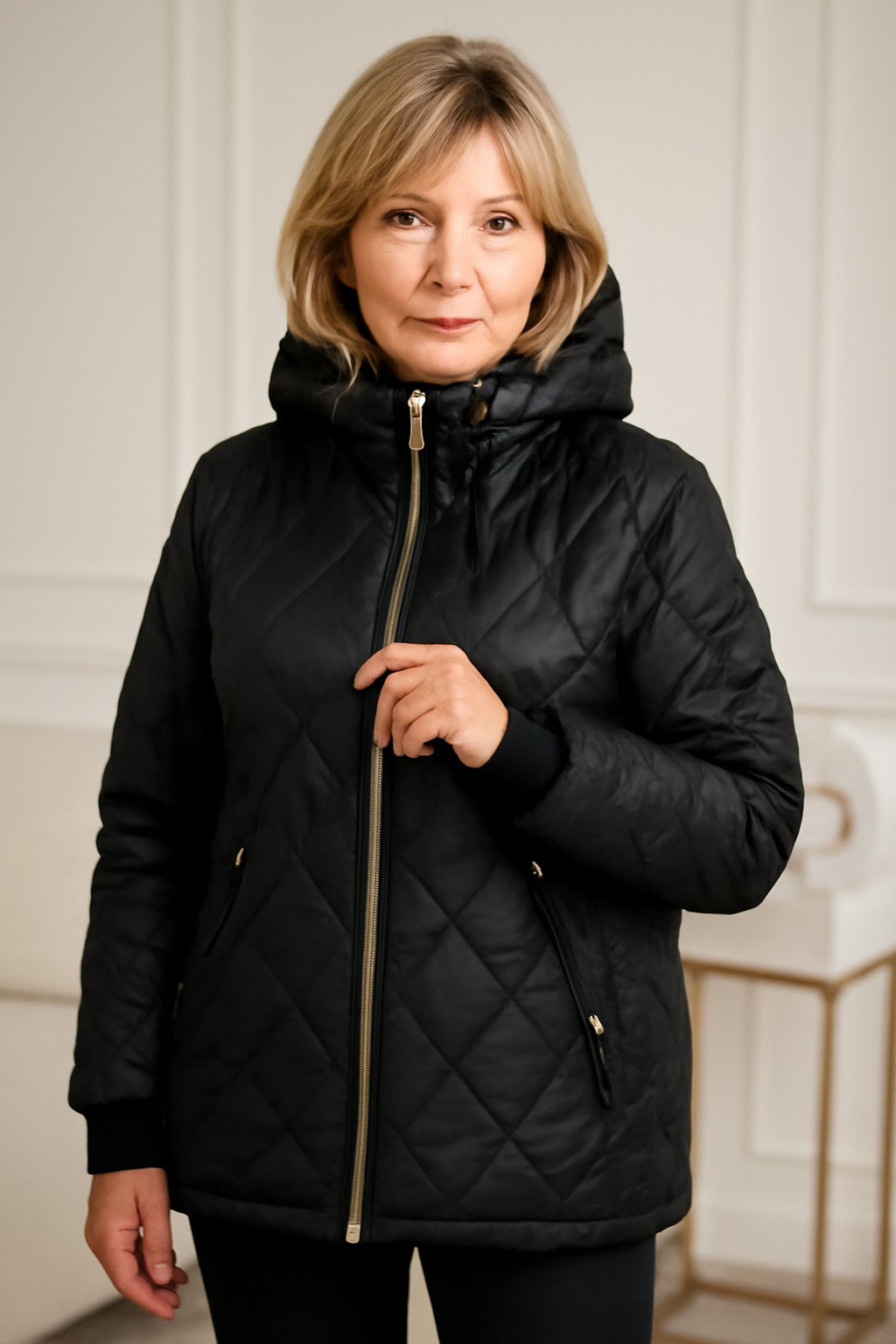 Veste matelassée noire à capuche, fermeture zippée, surpiqûres losanges, poignets.