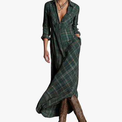Robe longue à carreaux vert foncé, encolure boutonnée, manches 3/4