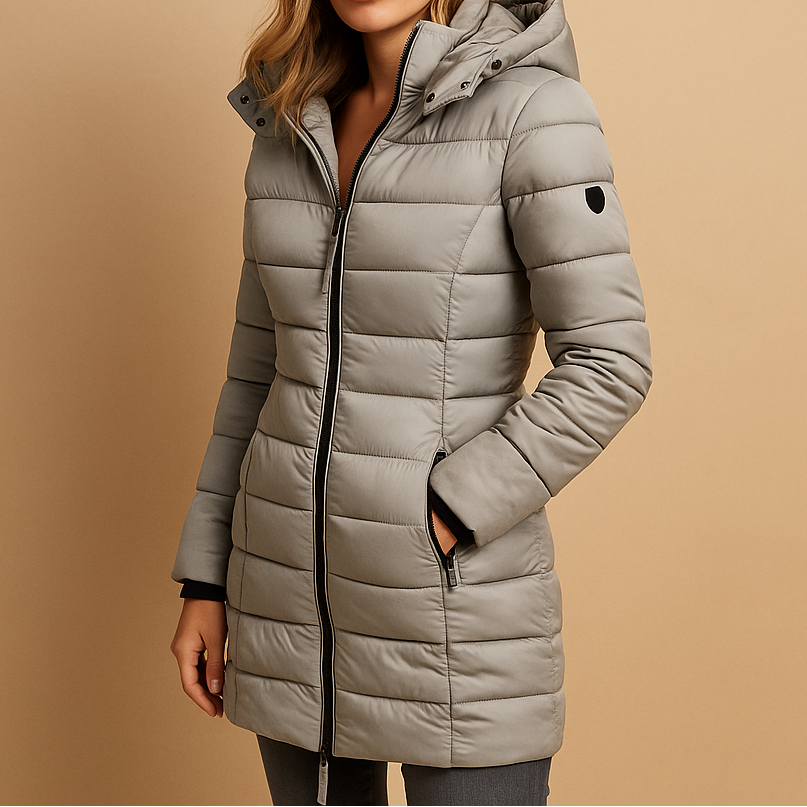 Veste matelassée gris clair, fermeture zippée, col montant, poignets côtelés