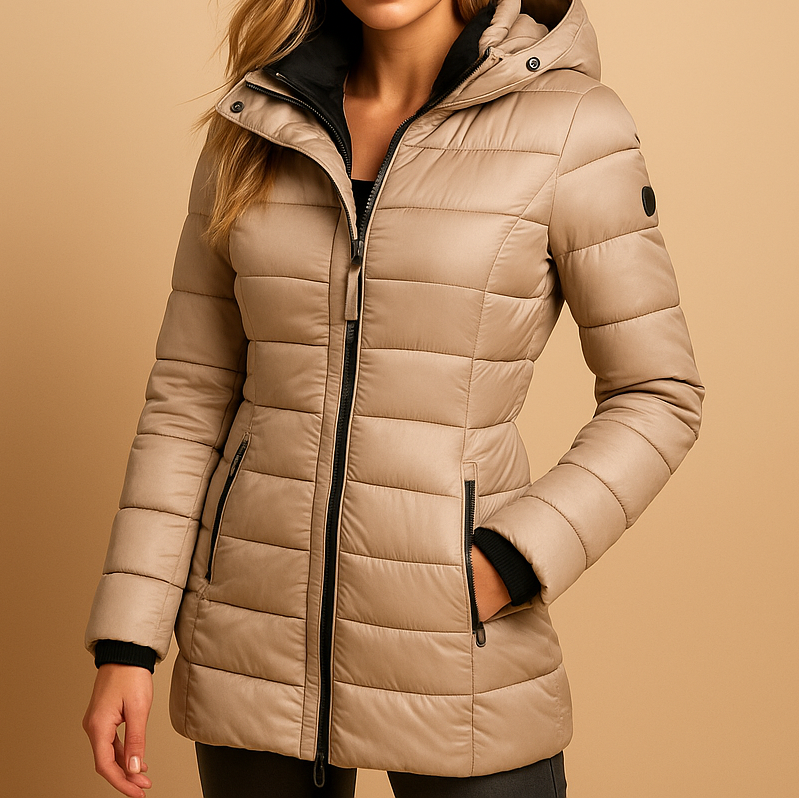 Veste matelassée beige, fermeture zippée, col montant, poignets côtelés