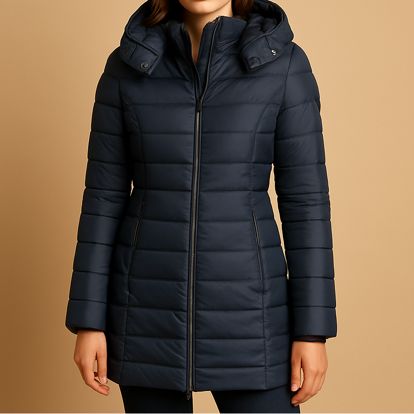 Veste légère matelassée bleu marine, fermeture zippée centrale, col montant