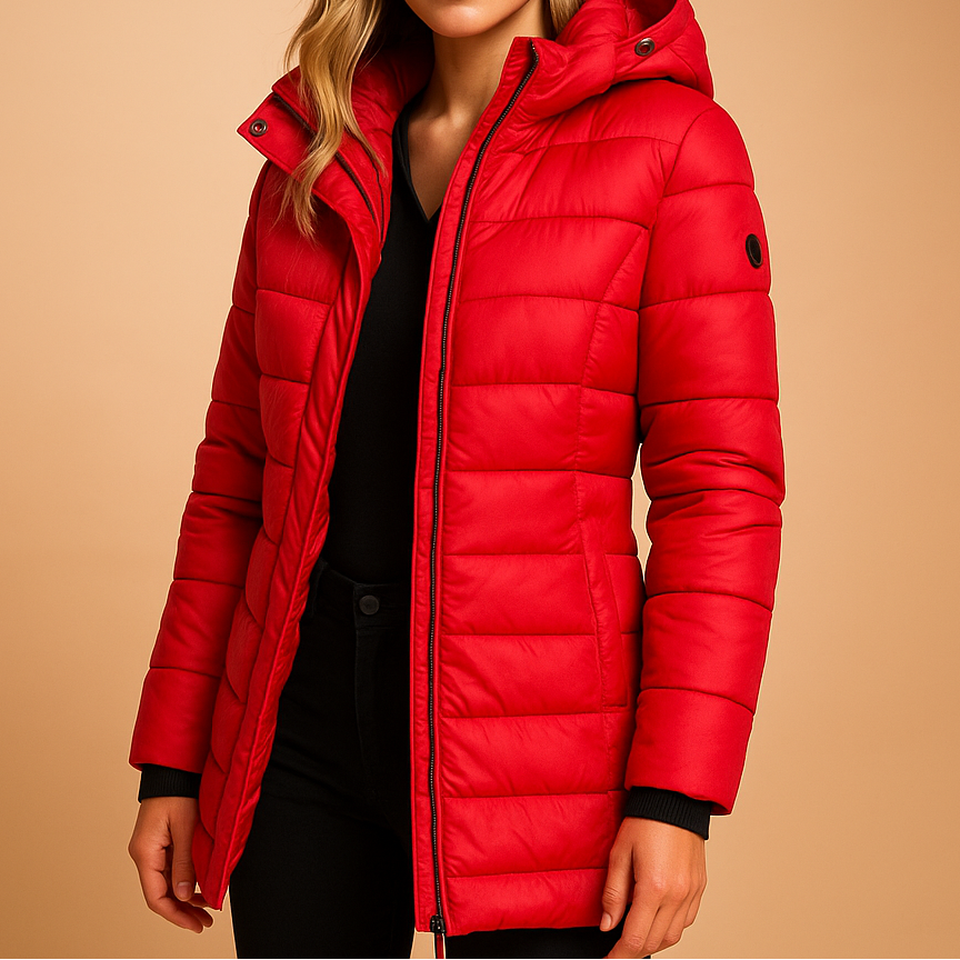 Veste matelassée rouge, fermeture zippée, col montant, poignets côtelés