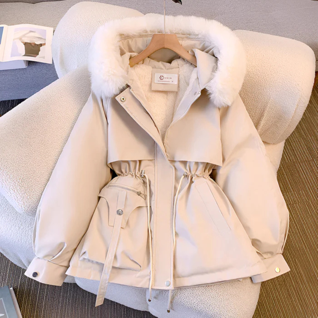 Manteau d’hiver blanc à capuche, col fourré, poches et cordons à la taille