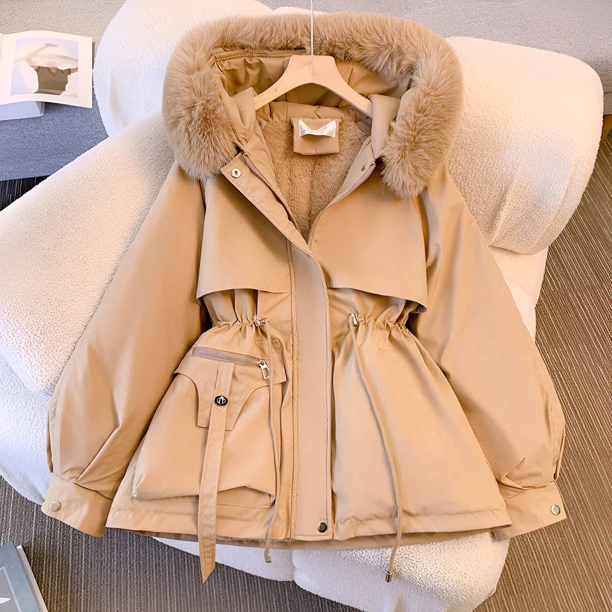Manteau d’hiver beige à capuche, bord en fausse fourrure, poches et zip