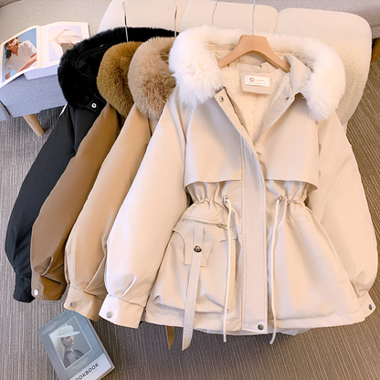 Manteau d’hiver blanc à capuche, bord en fausse fourrure, zip et cordons