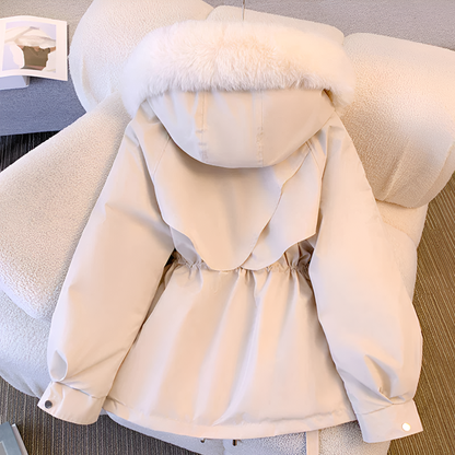 Manteau d’hiver blanc à capuche avec col en fausse fourrure et cordon de serrage
